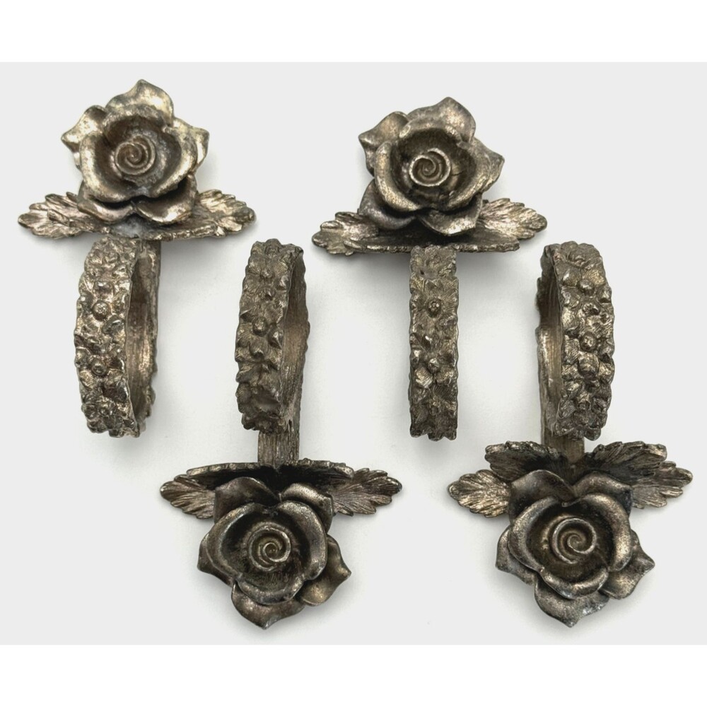 Vintage Silver Tone Rose Napkin Rings Set of 6 Floral Romantic Vibe Cottage Core